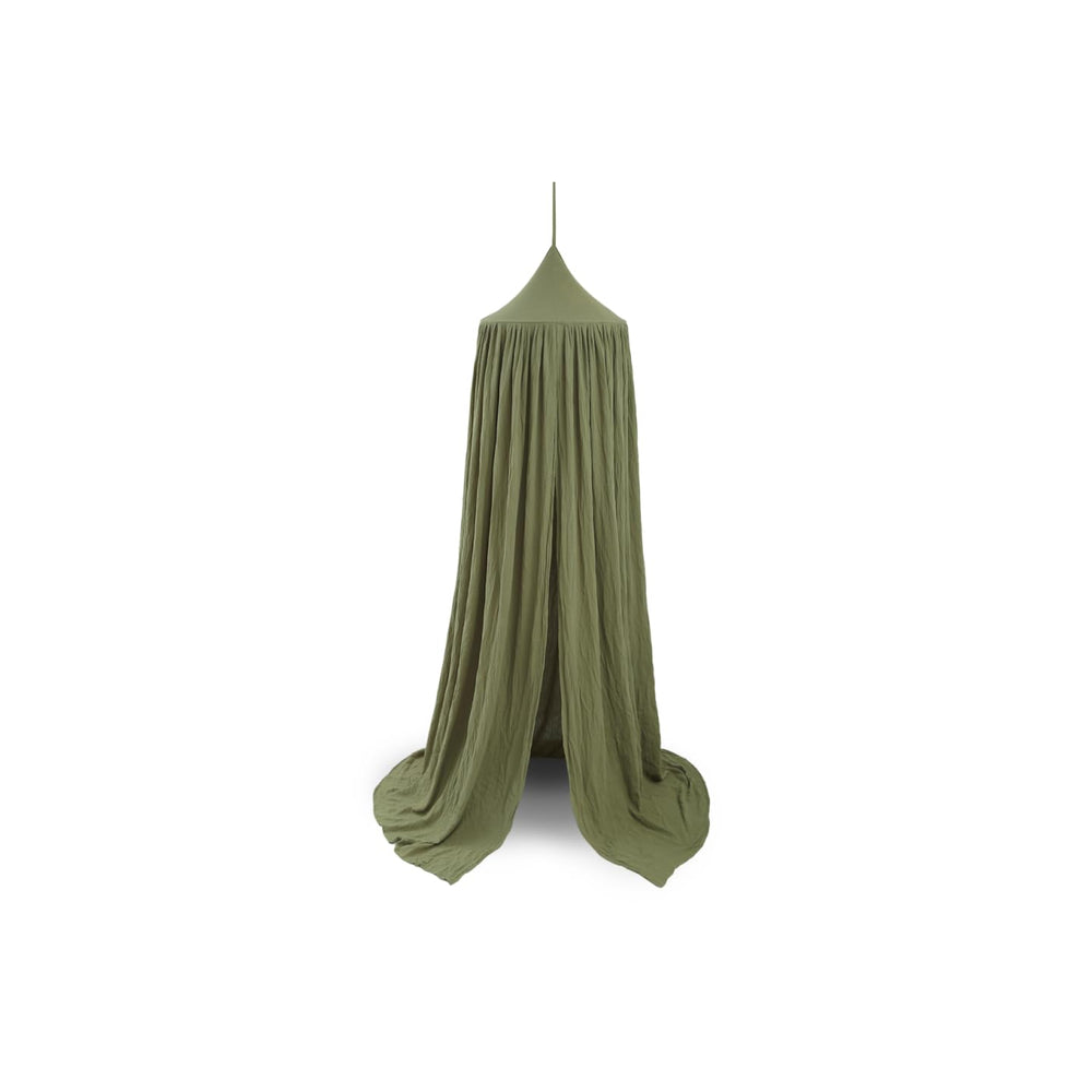 Vhaso cotton kids bed canopy on crib ready for easy assembly and nursery decoration.