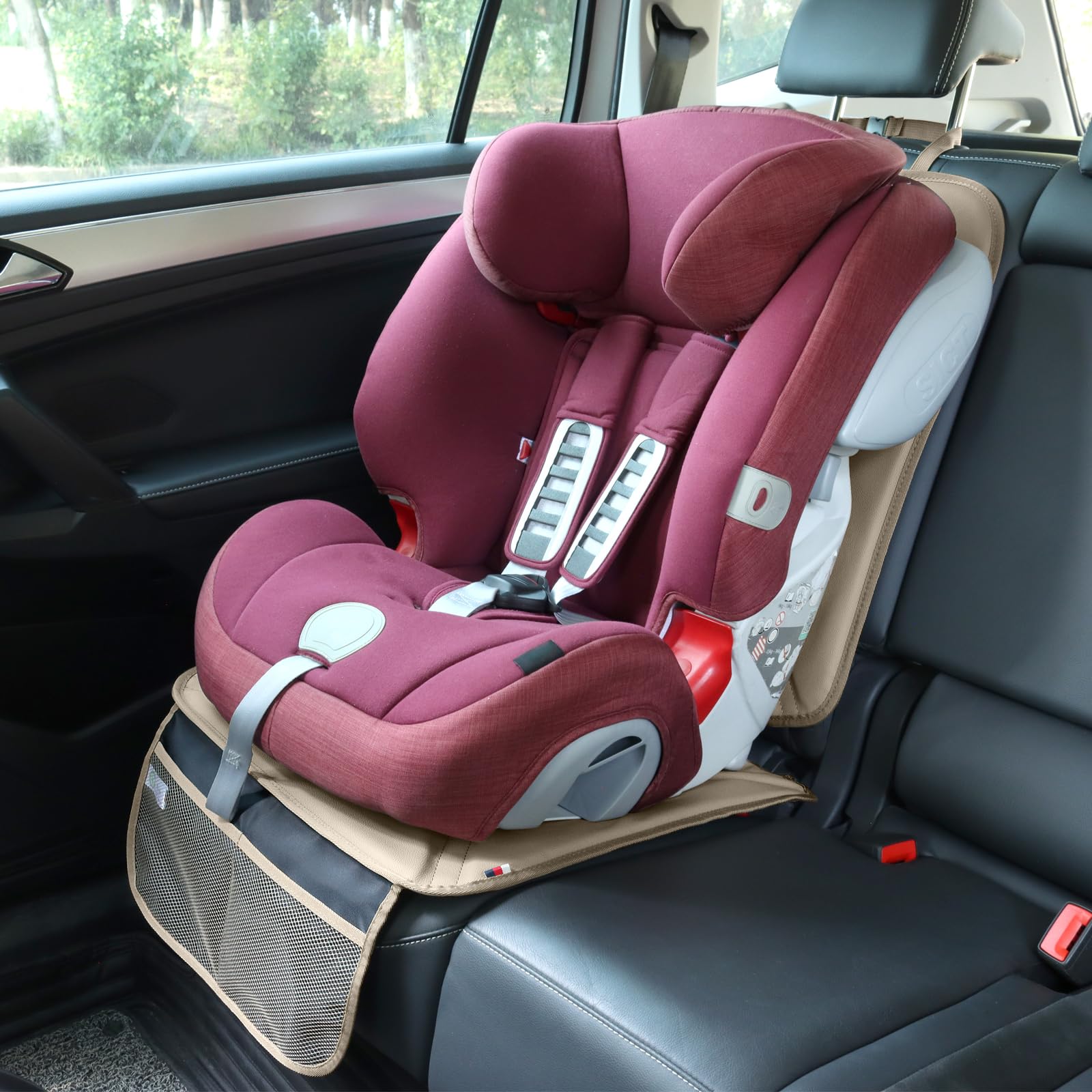 Viaviat car seat protector pockets for snacks and small items.