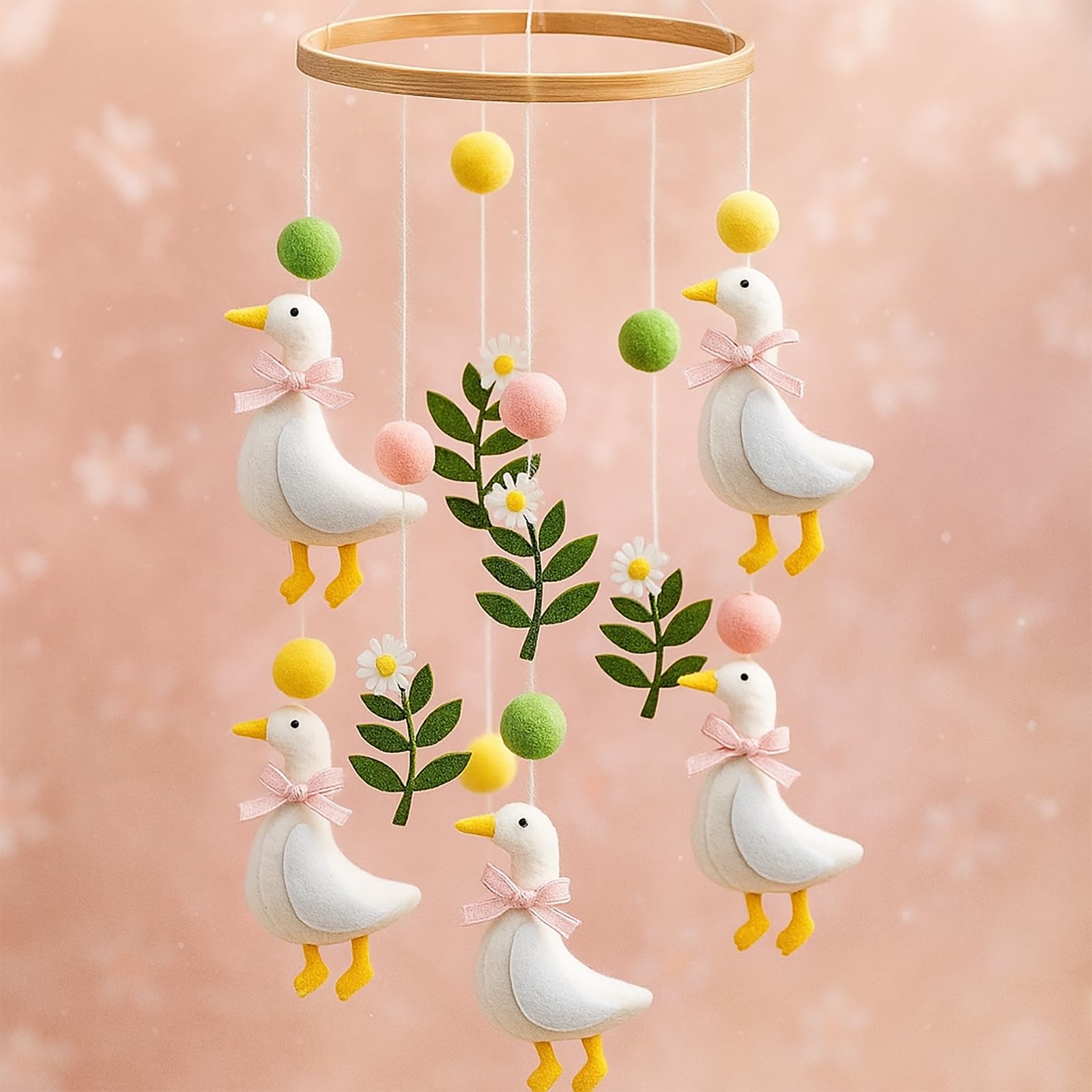 Vicenpal Silly Goose mobile for crib, front view with pink and yellow felt shapes.