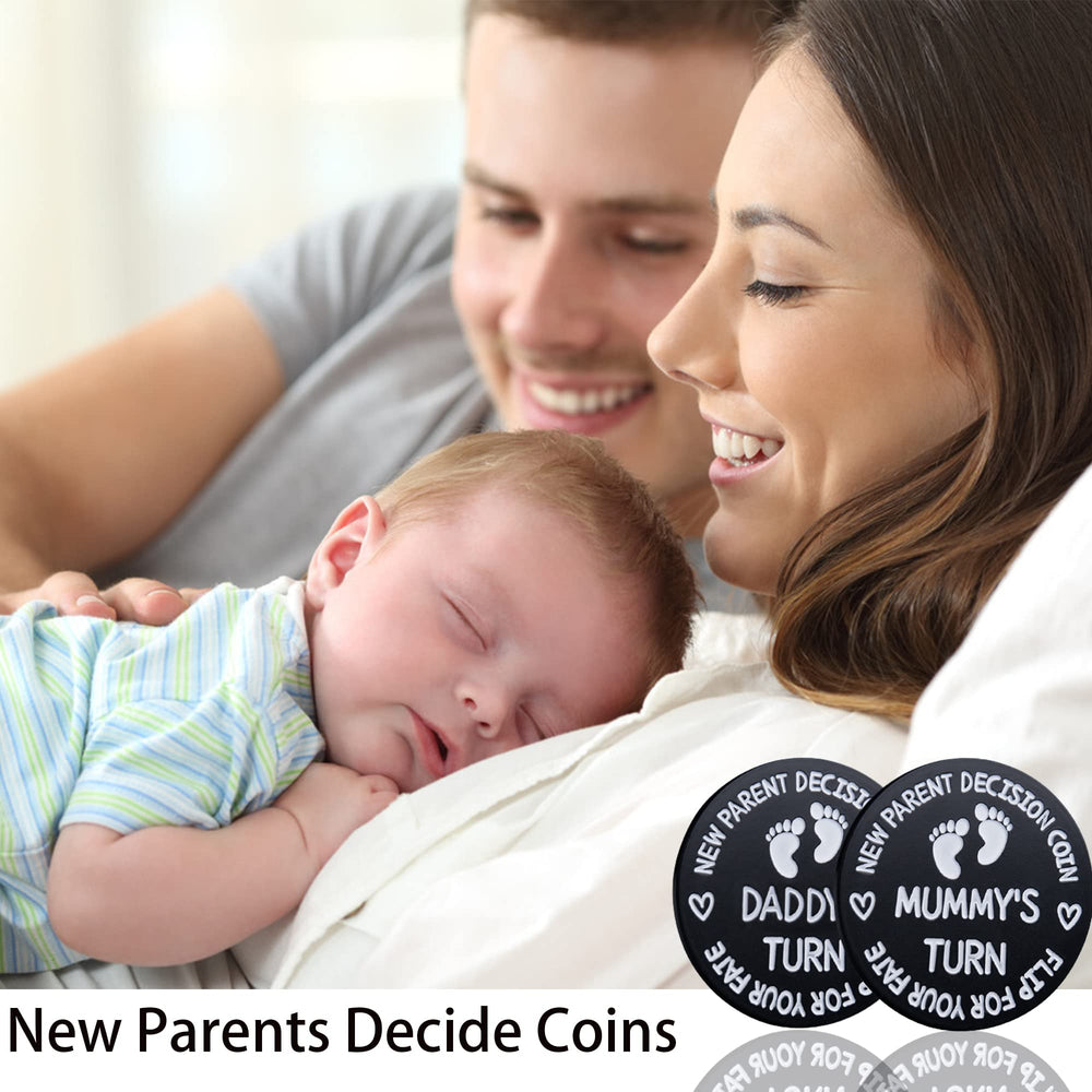 Vichona decision coin baby shower scene implies a thoughtful first-time parent gift.