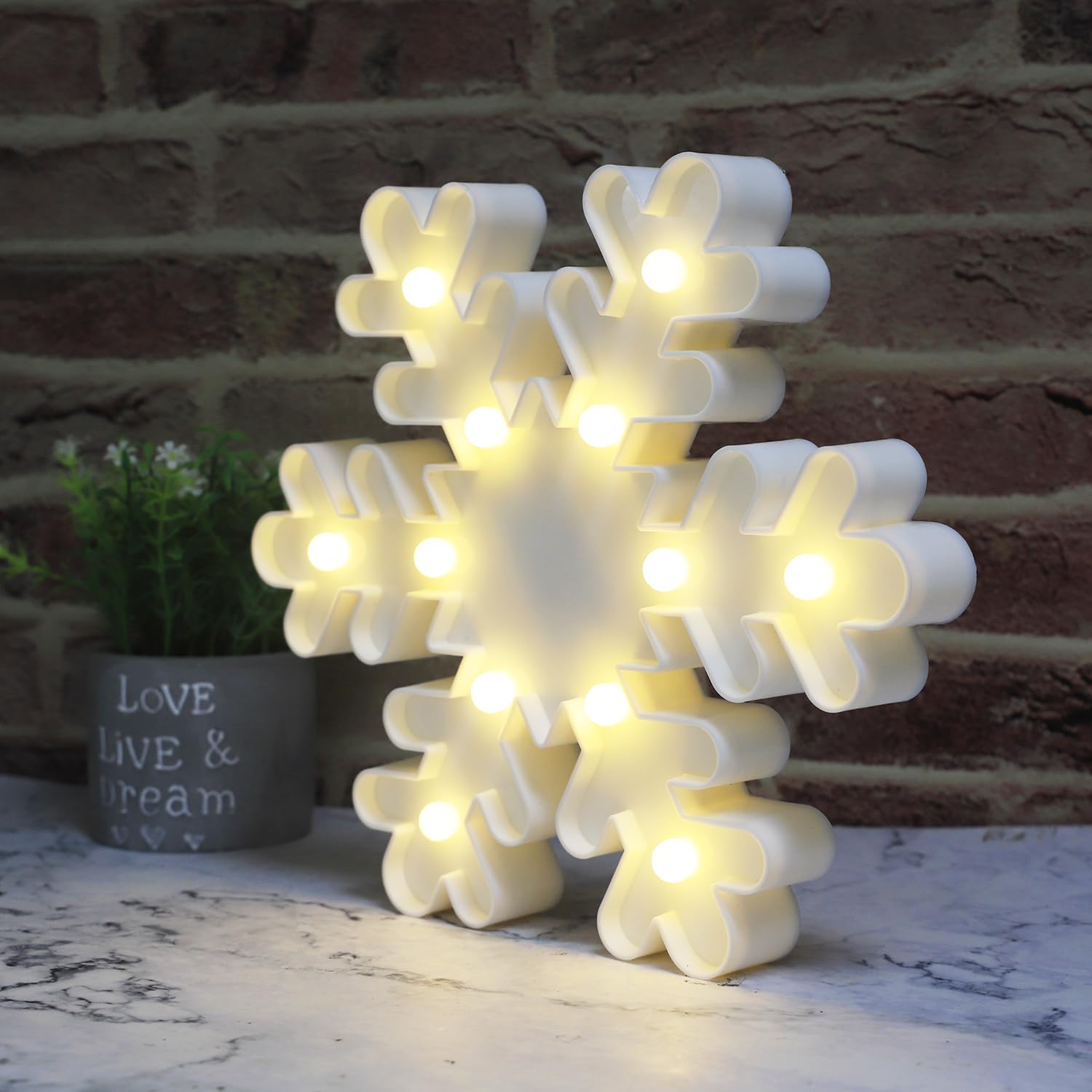 Vicila Snowflake marquee sign LED closeup showcasing warm white glow