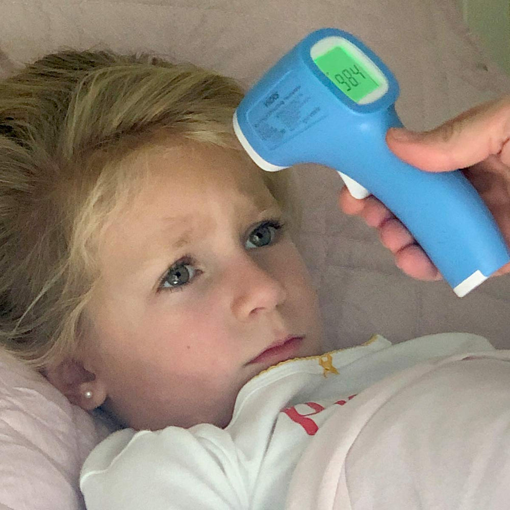 Vicks non-contact thermometer measures forehead, bath water, or food temperature.