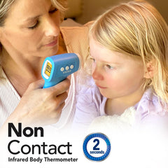 Vicks non-contact thermometer forehead-distance guide shows 0.4 to 2 inches for accuracy.