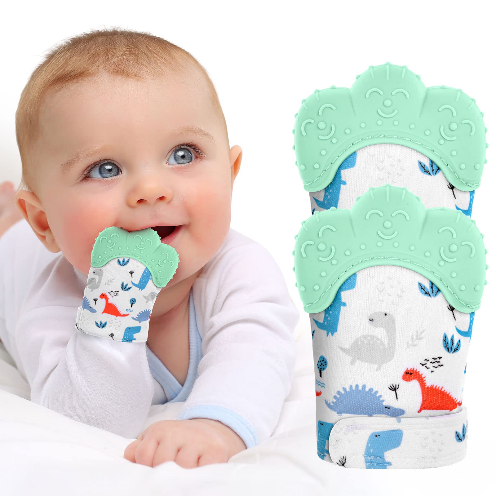 Vicloon 2-pack teething mitts on baby's wrist soothe tender gums