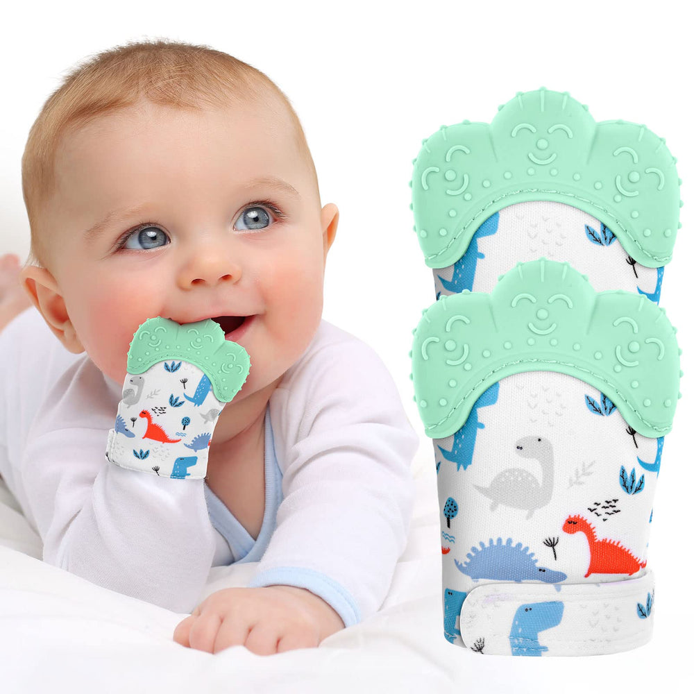 Vicloon 2-pack teething mitts on baby's wrist soothe tender gums