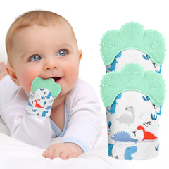 Vicloon 2-pack teething mitts on baby's wrist soothe tender gums