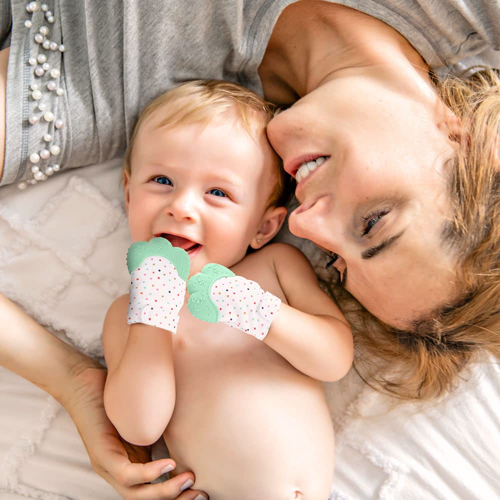 Vicloon 2Pack teething mitt adjustable fit, stays on securely during playtime.