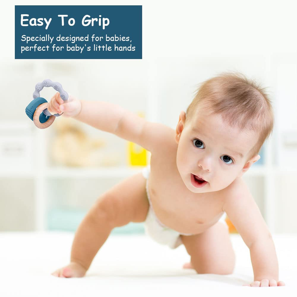 Vicloon baby holding teether demonstrates easy-grip design for tiny hands.