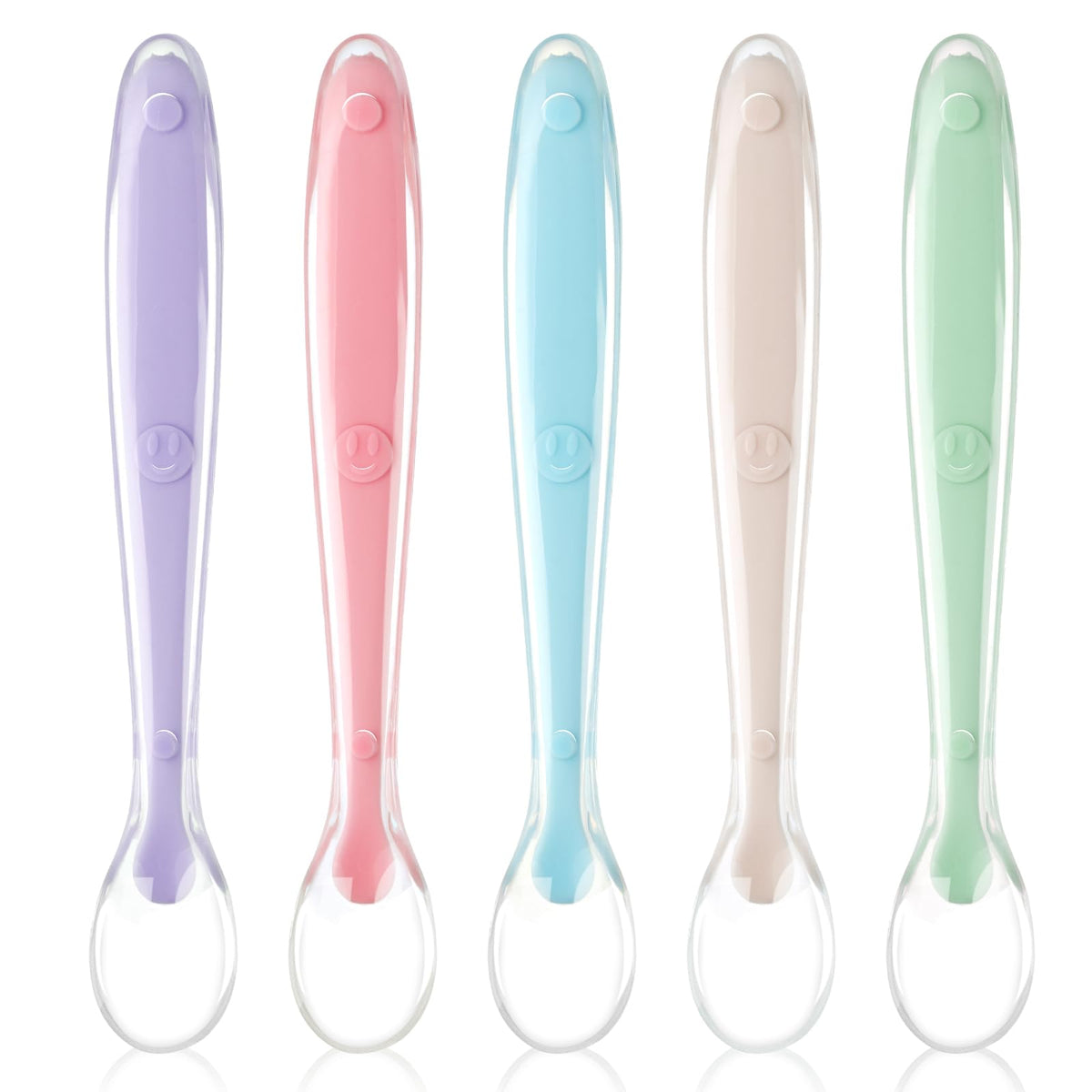Vicloon baby silicone spoons 5-pack colorful close-up, soft-tip design for gentle gums.