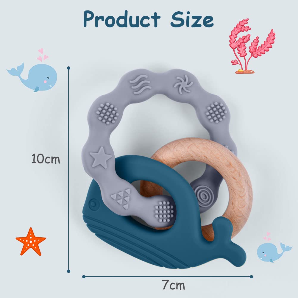 Vicloon silicone teether ring with whale pattern offers textured grip for tiny hands.