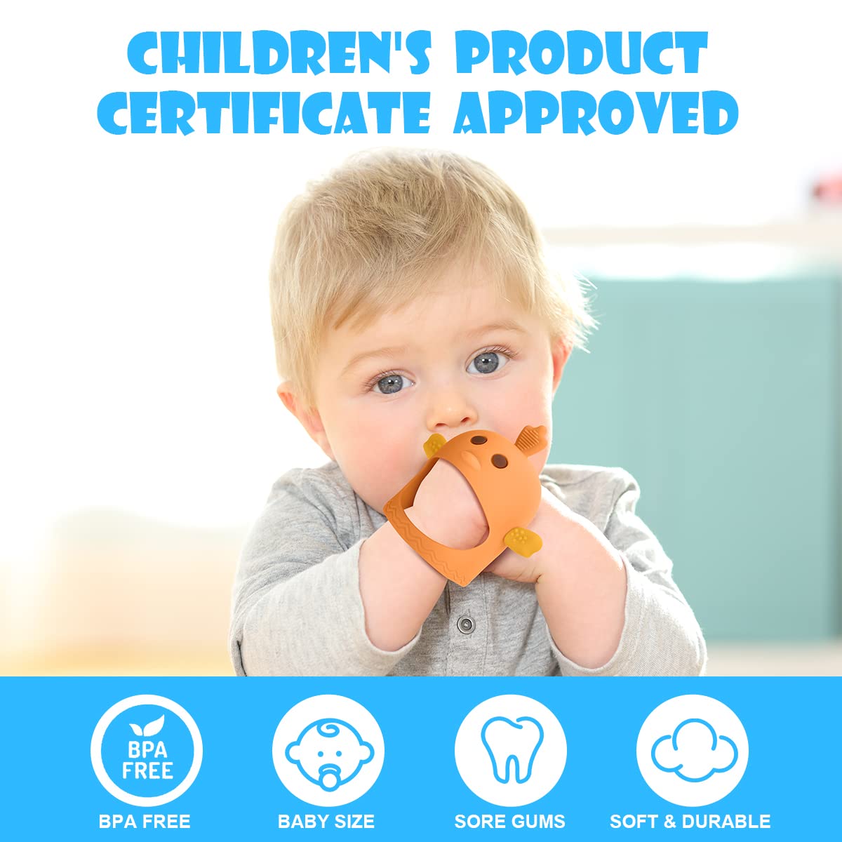 Vicloon silicone teether textures provide front-to-back gum massage.