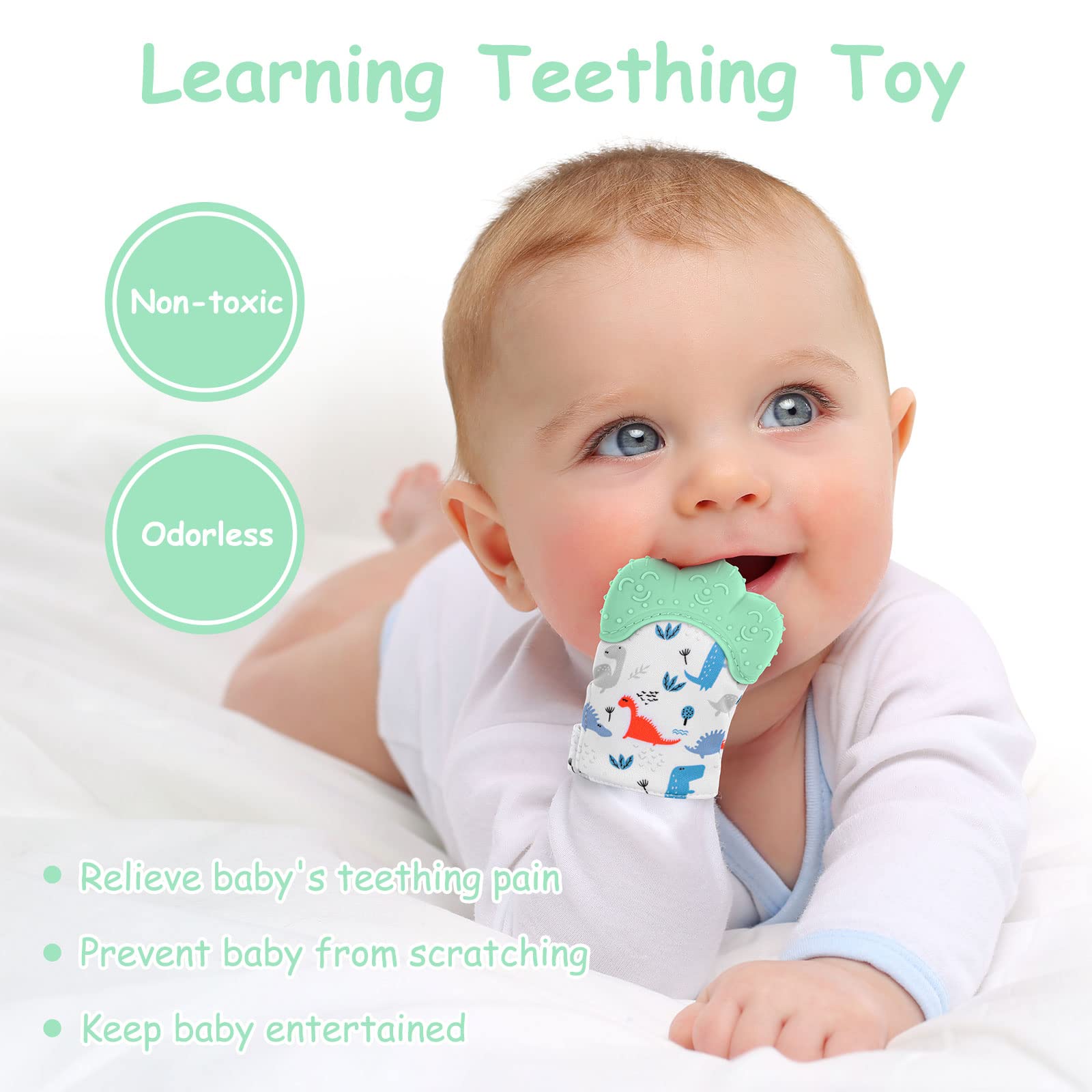 Vicloon adjustable-fit teething mitt stays securely on tiny wrists
