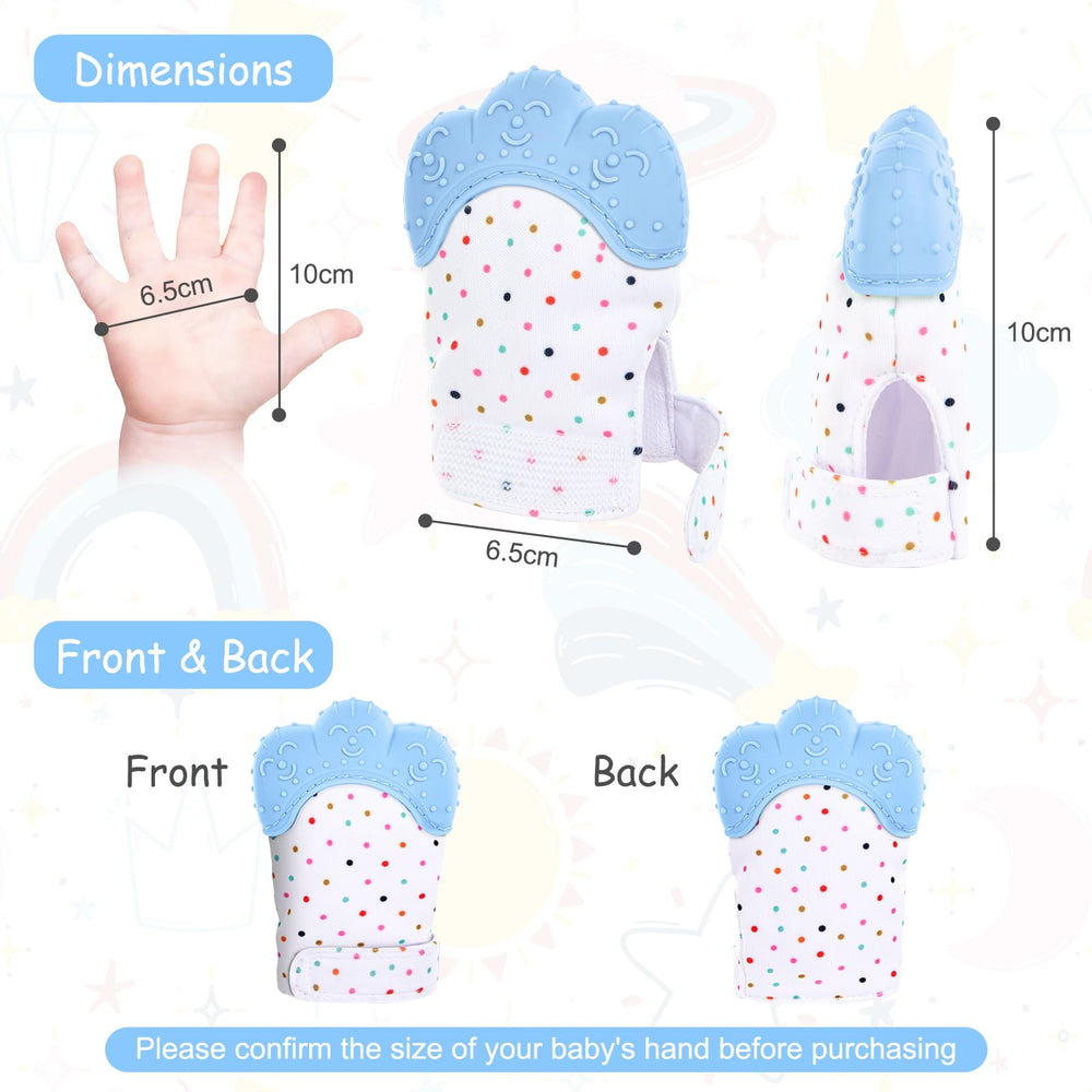 Vicloon teething mitt shown on a baby's hand, freeing the other hand.