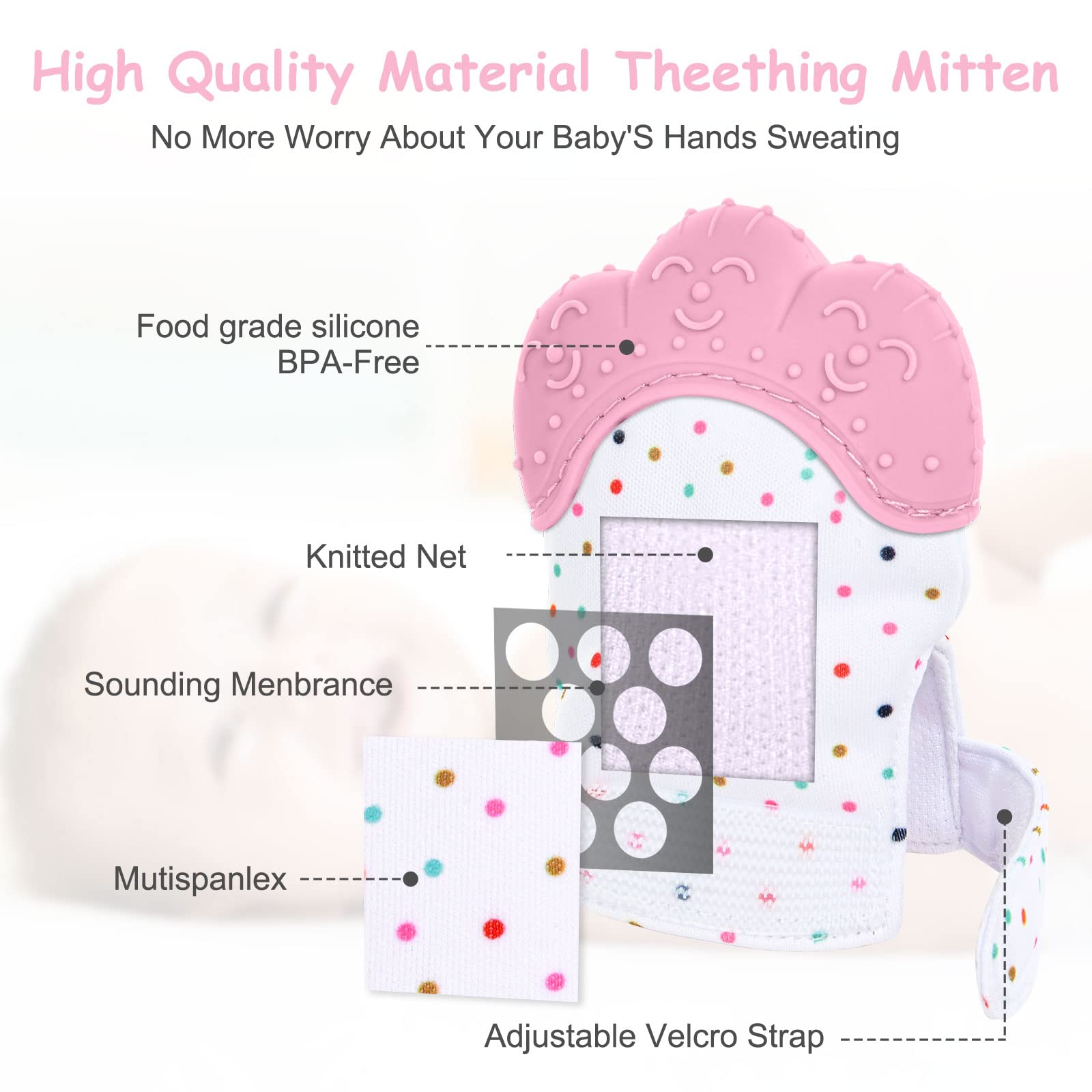 Vicloon teething mitt shows baby hand-use enabling chewing without scratching.