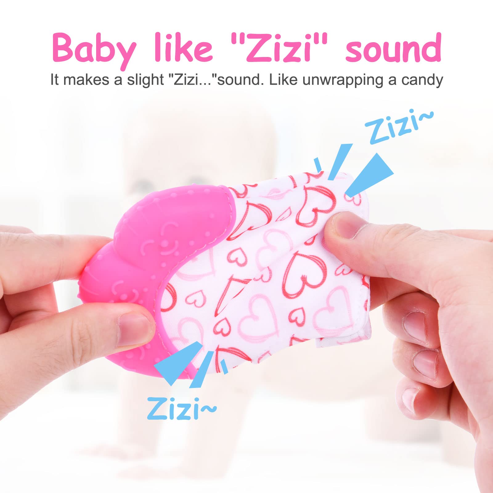 Vicloon teething mitt worn on wrist keeps baby's hand free.