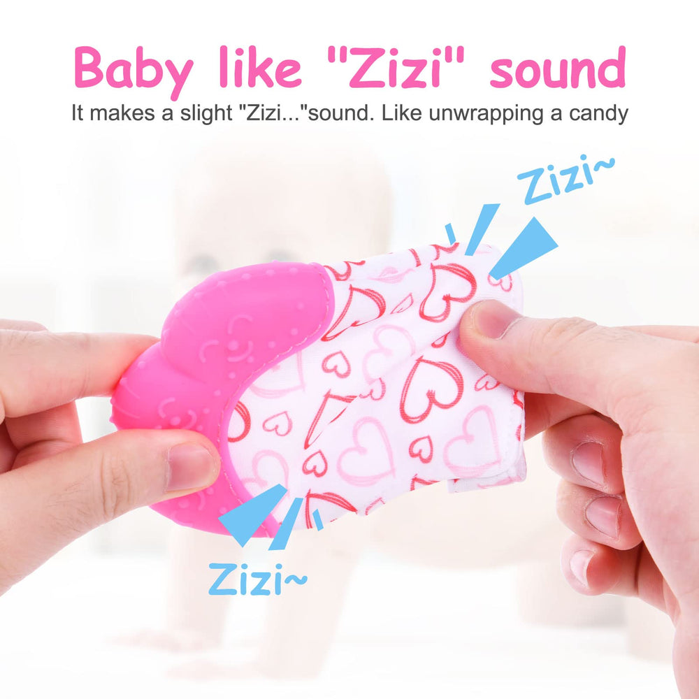 Vicloon teething mitt worn on wrist keeps baby's hand free.