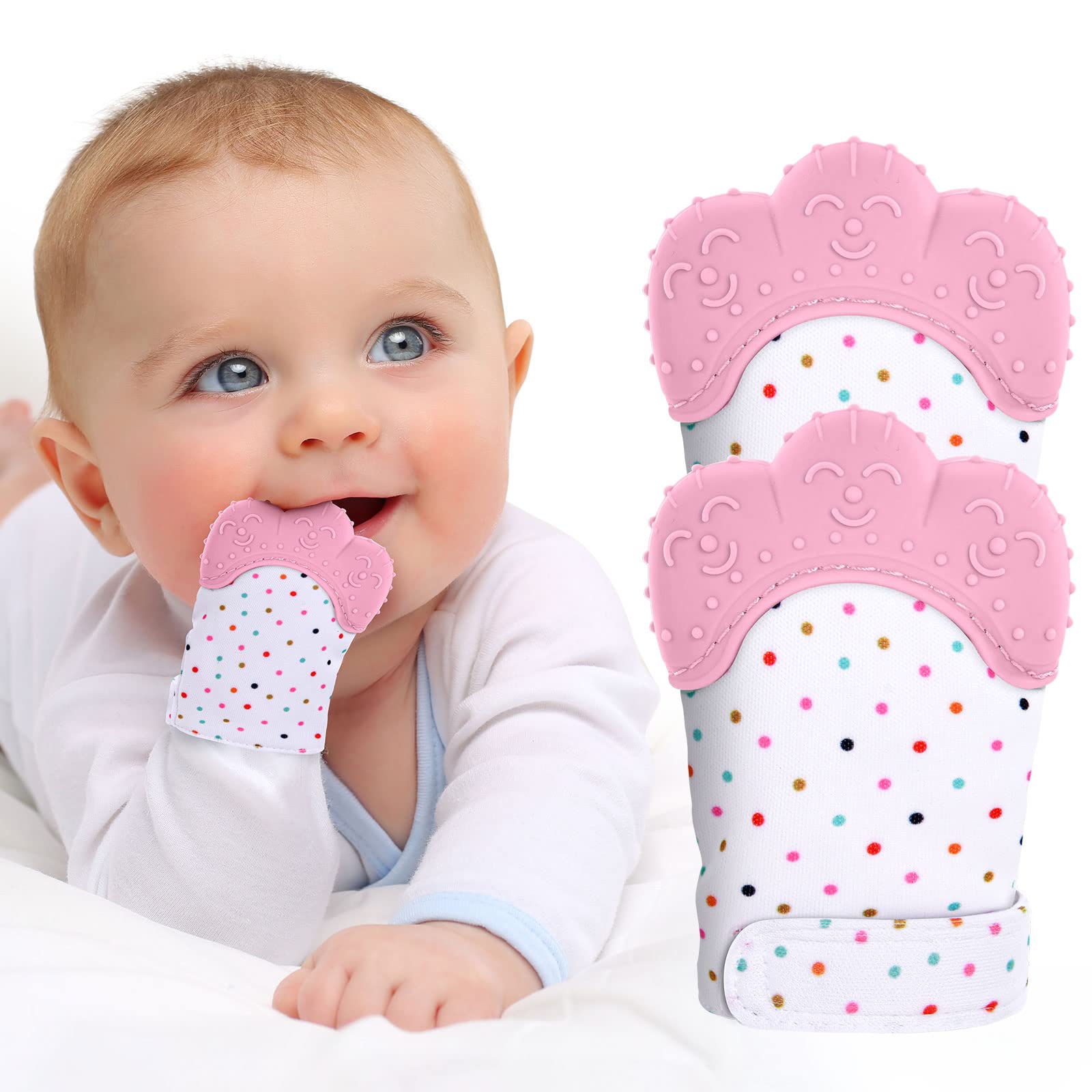 Vicloon two-pack silicone teething mitt worn on the wrist provides soothing comfort during teething.