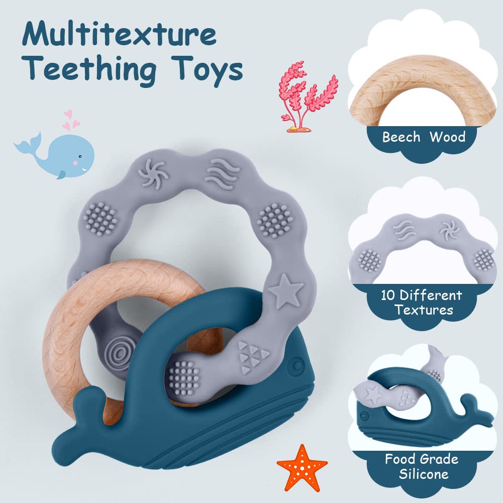 Vicloon wooden teether with multi-texture surfaces for sensory exploration.
