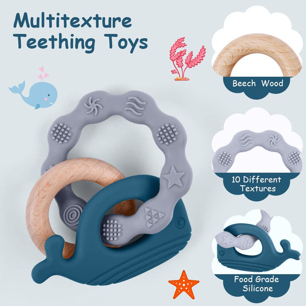 Vicloon wooden teether with multi-texture surfaces for sensory exploration.