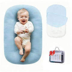 Vicorise baby lounger blue cover close-up highlighting soft cotton texture for gentle comfort.