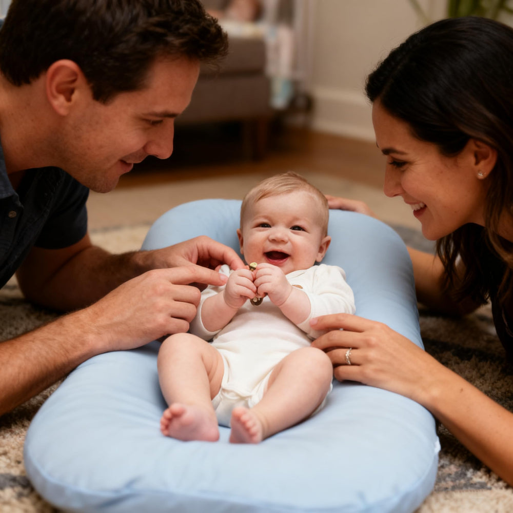 Vicorise blue lounger for diaper changes—guard height supports easy dressing and changing.