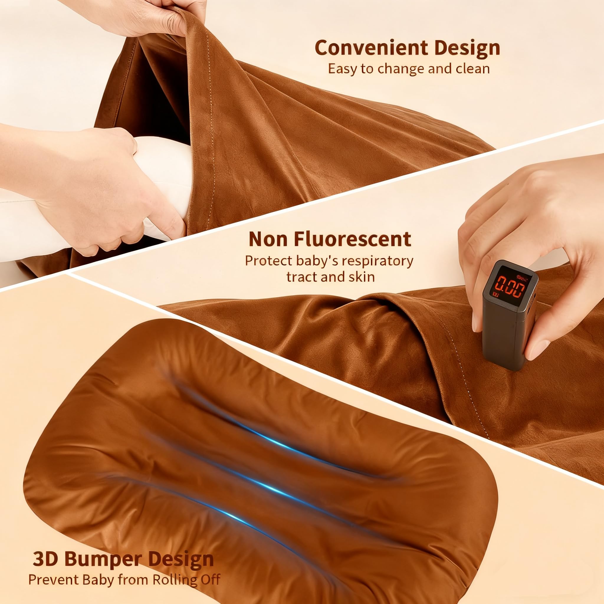 Vicorise baby lounger guardrail height provides added protection.