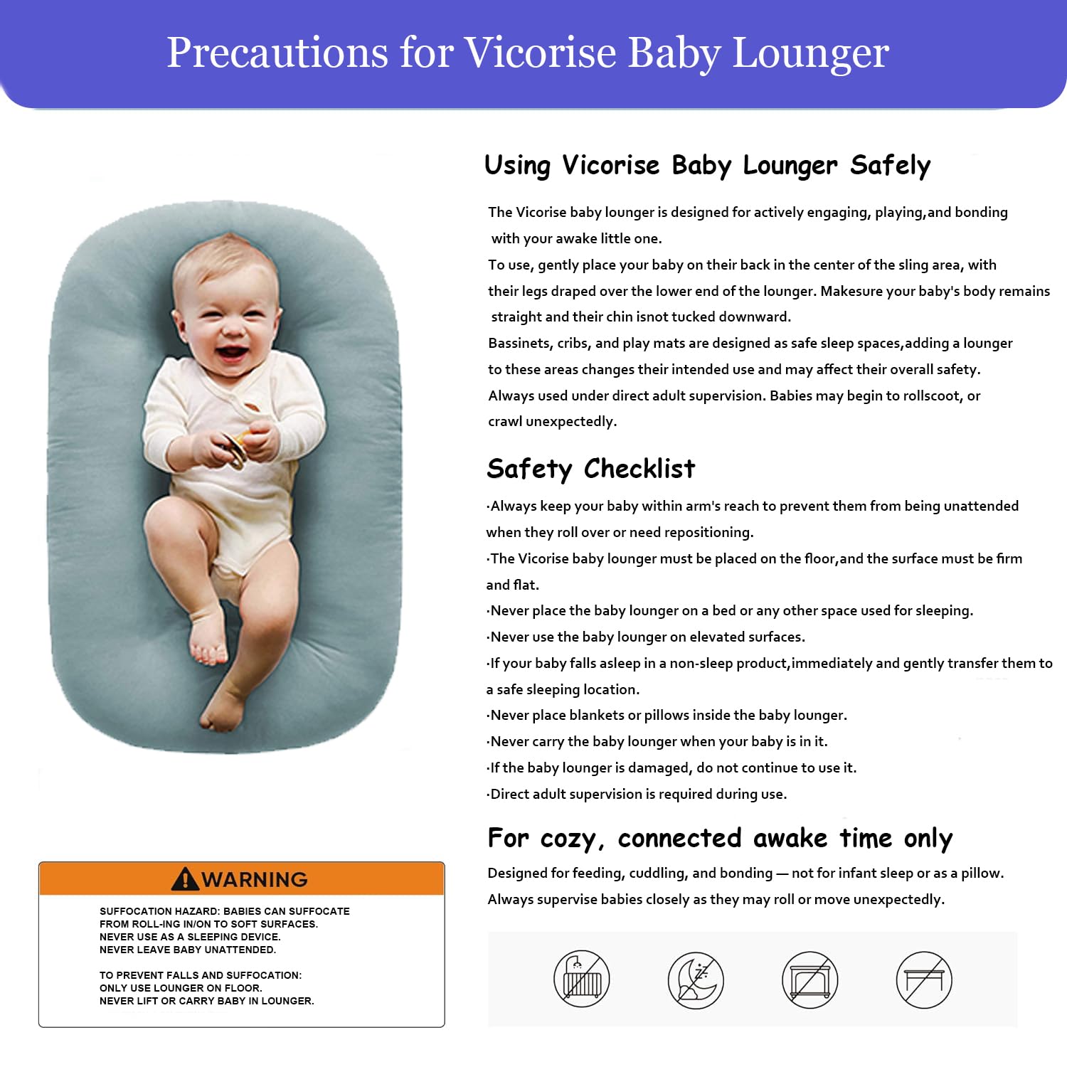 Vicorise baby lounger machine washable cover ready for easy cleanup after messes.