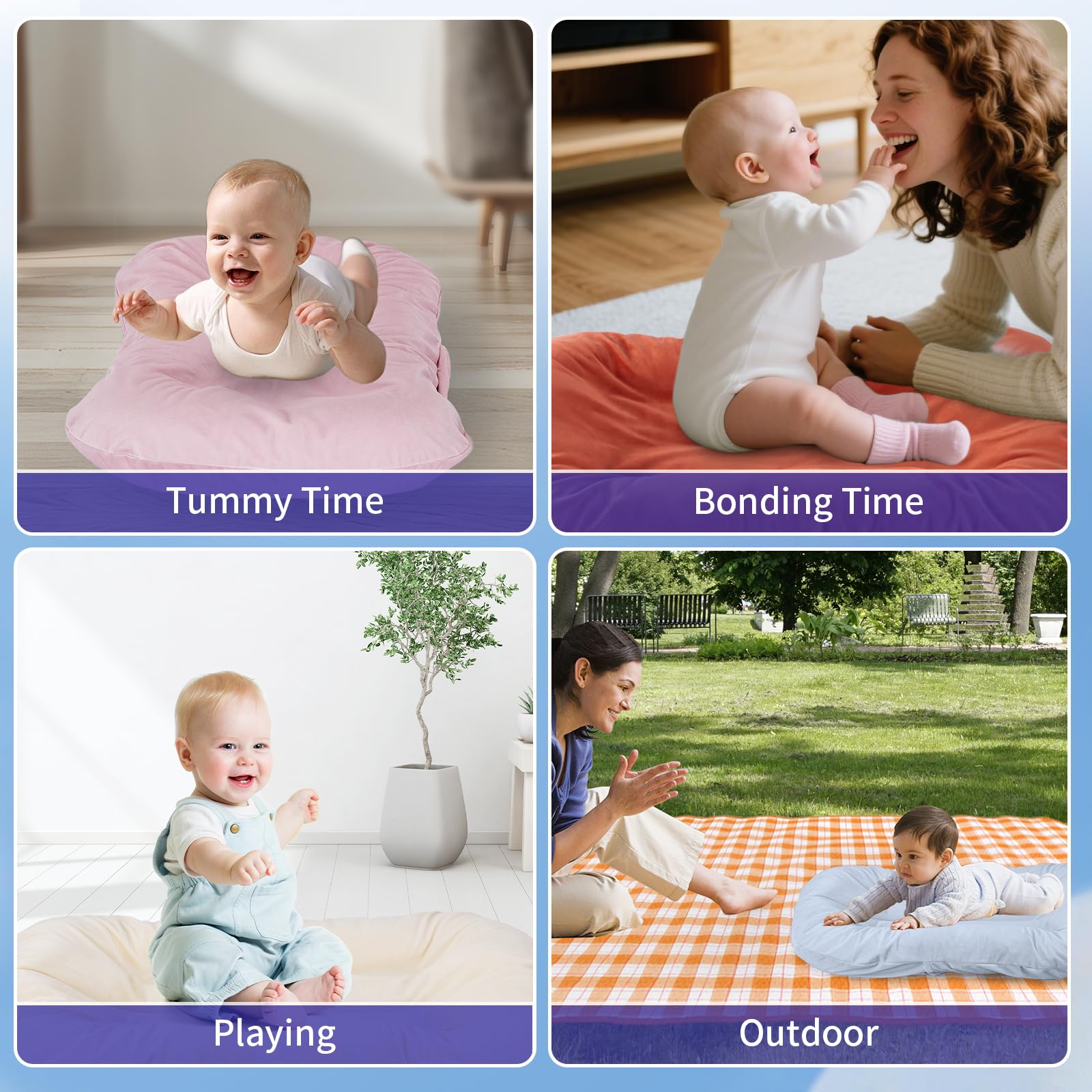 Vicorise baby lounger on a soft surface for tummy time and gentle play sessions.