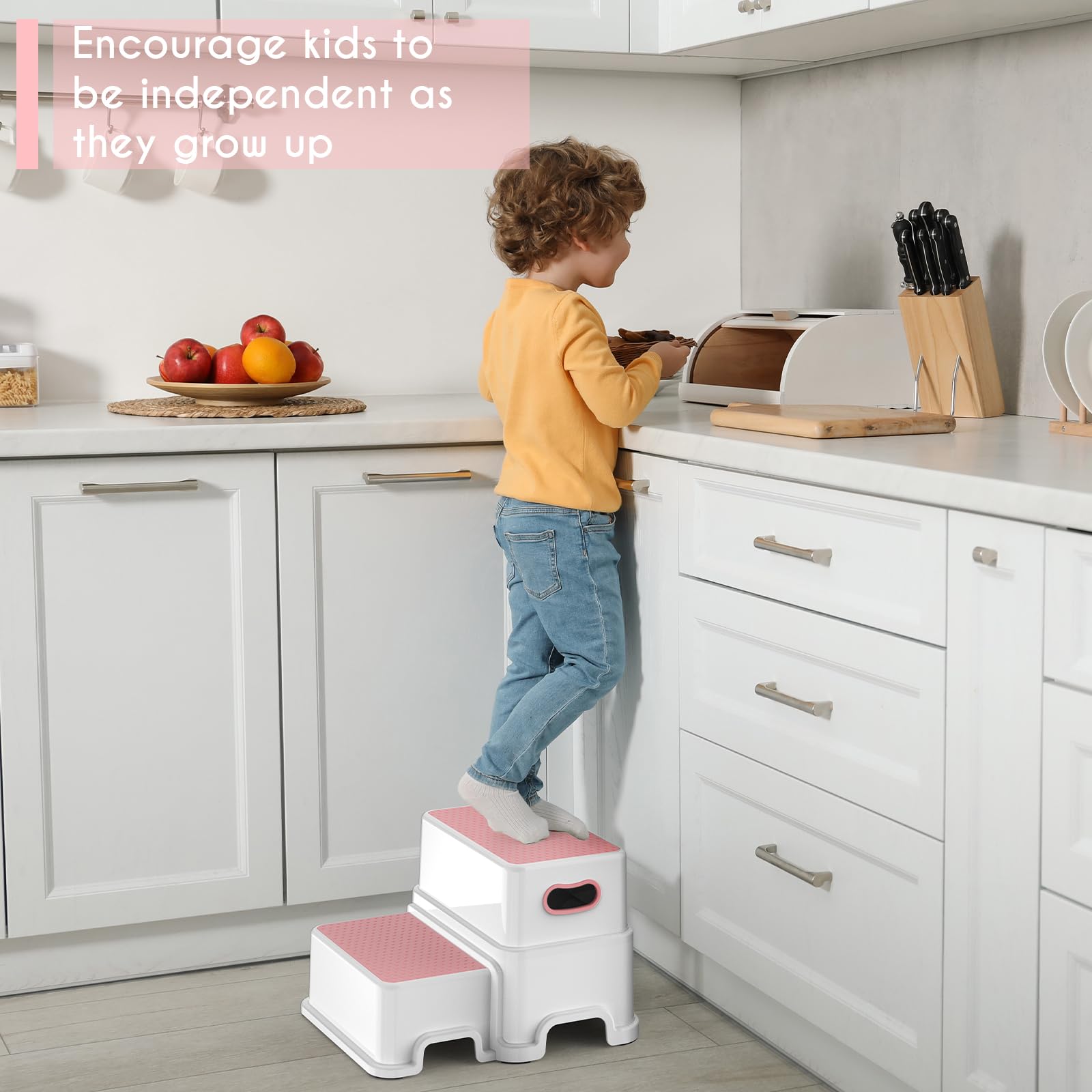 Victostar 2-Step Stool pink kitchen-counter use — helps kids reach counters