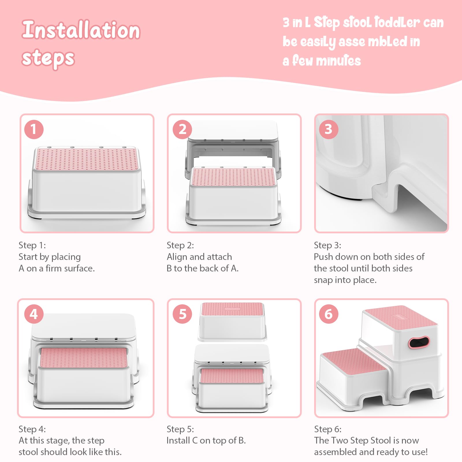 Victostar 2-Step Stool pink lightweight design — easy to carry