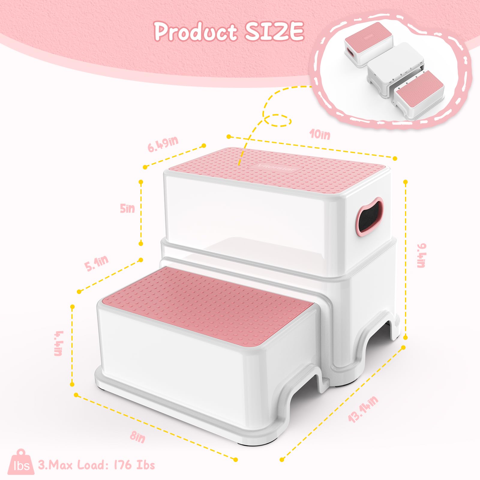 Victostar 2-Step Stool pink side view — stable design with non-slip feet