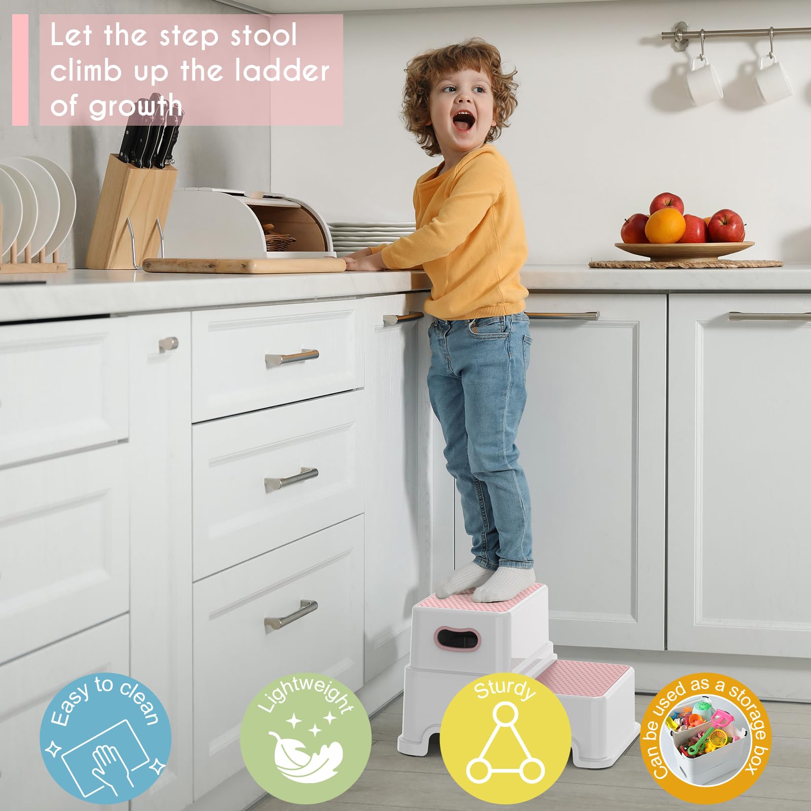Victostar 2-Step Stool pink inverted for toy storage — dual purpose
