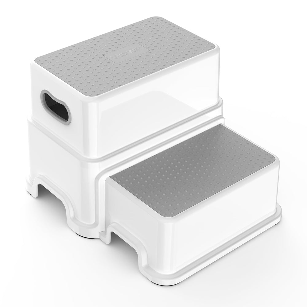 Victostar potty-training stool by the bathroom sink ready for daily routines.