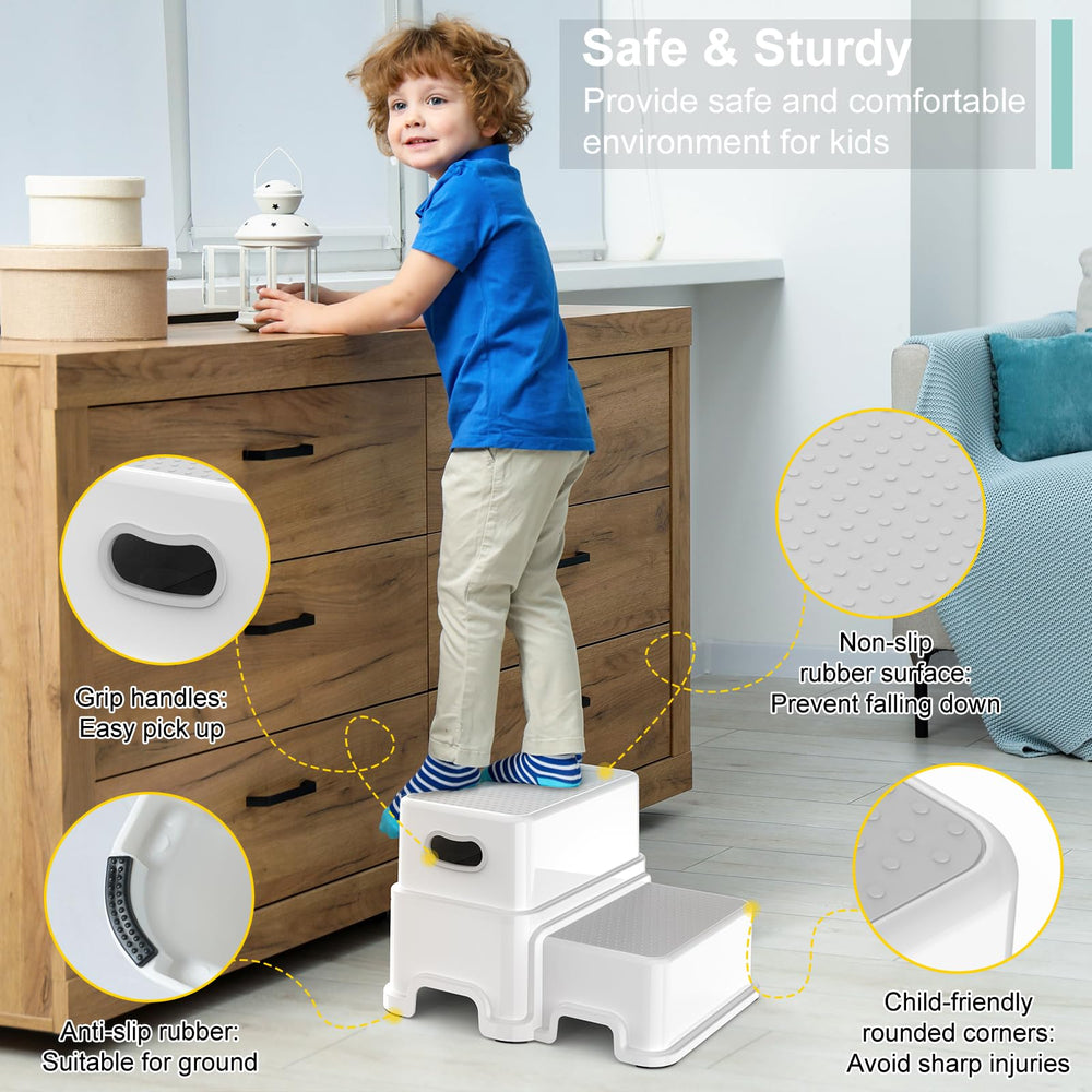 Victostar toddler step stool highlighting smooth edges for safe climbing.