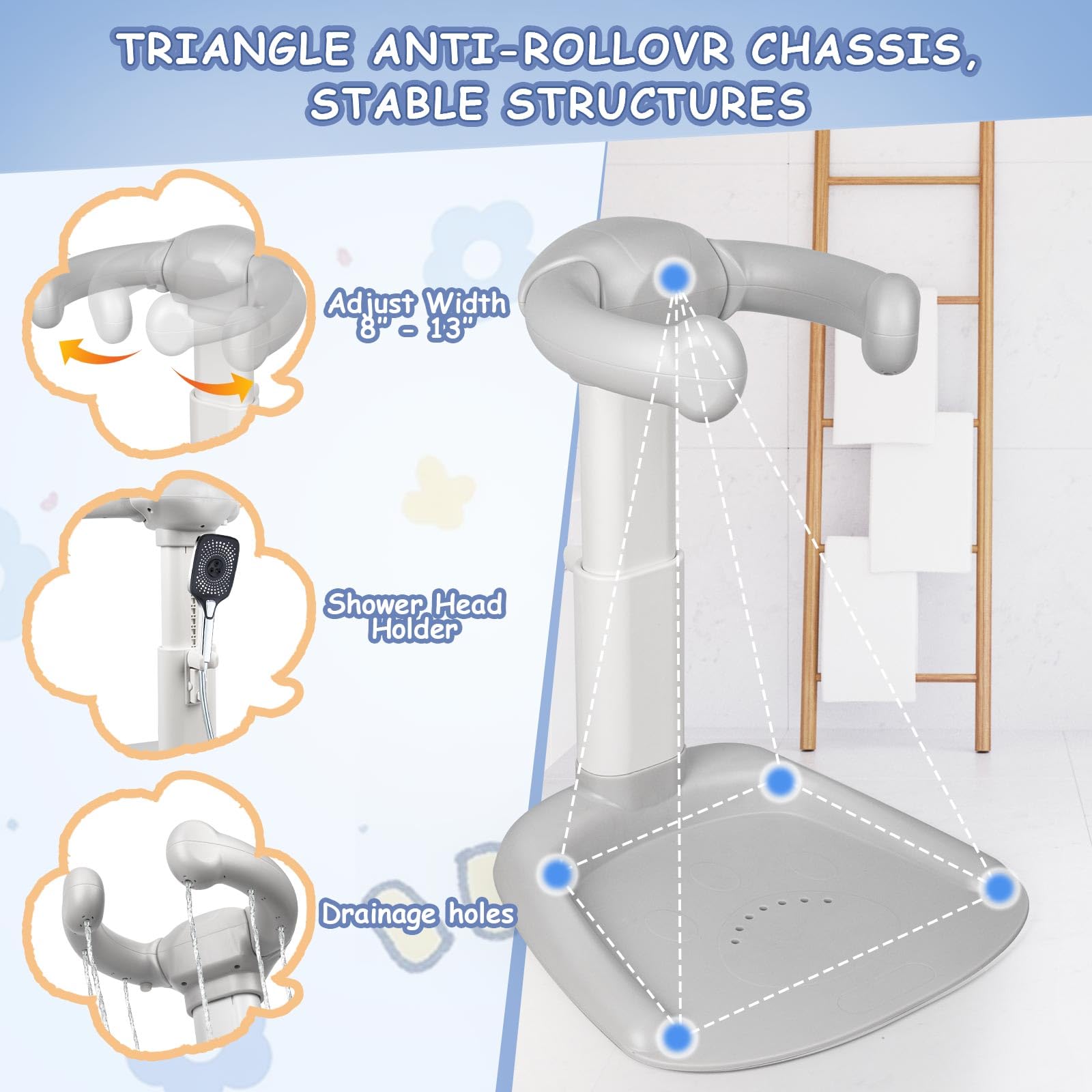 VIDUTC baby shower stand back caddy keeps essentials within reach during baths.