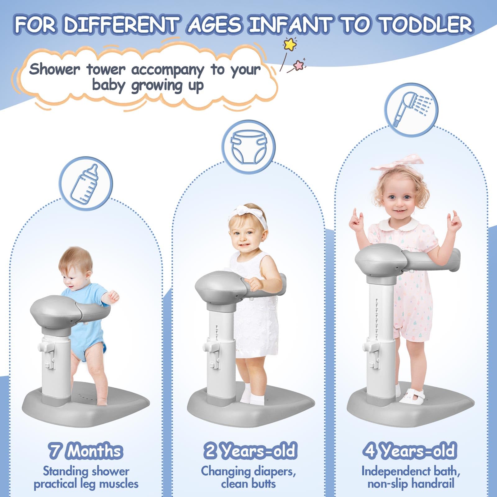 VIDUTC baby shower stand handle provides secure grip for transfers.