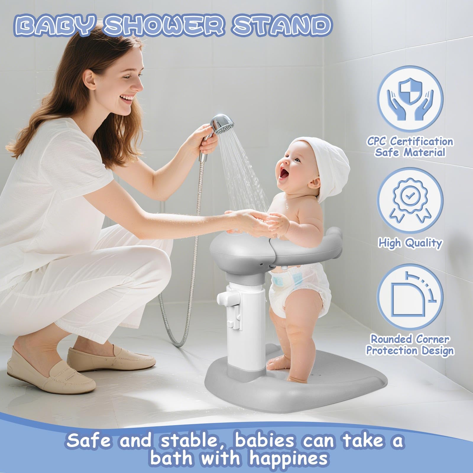 VIDUTC standing baby bath with wide suction cup base for stable baths.