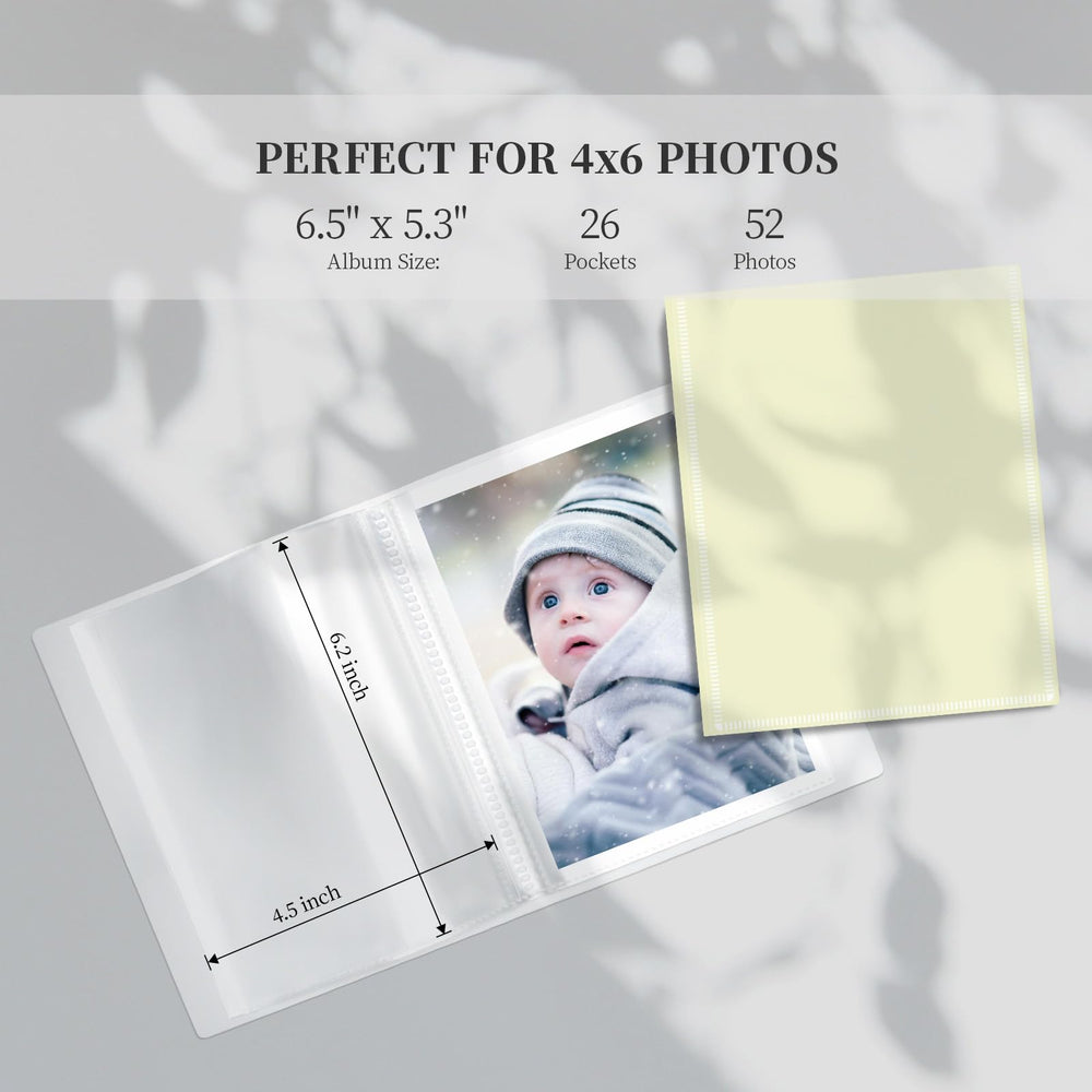 Vienrose small photo album interior view with clear sleeves protecting photos