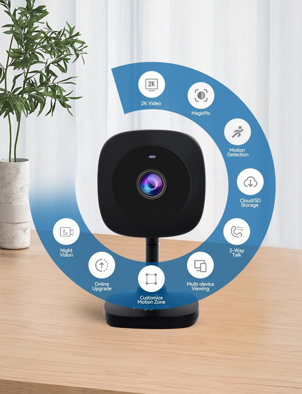 Viigytek 2K indoor camera night vision for clear after-dark surveillance.