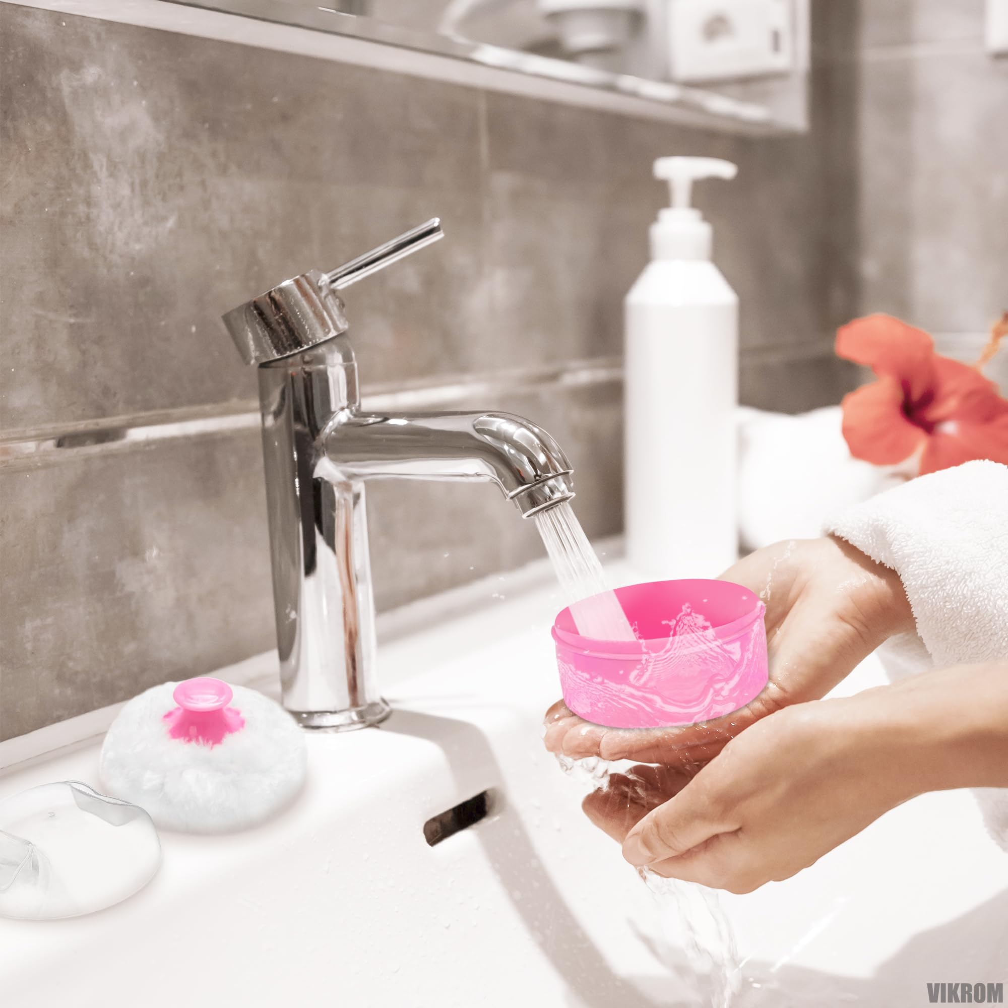 VIKROM pink-blue set stored neatly enhances vanity decor and travel readiness.