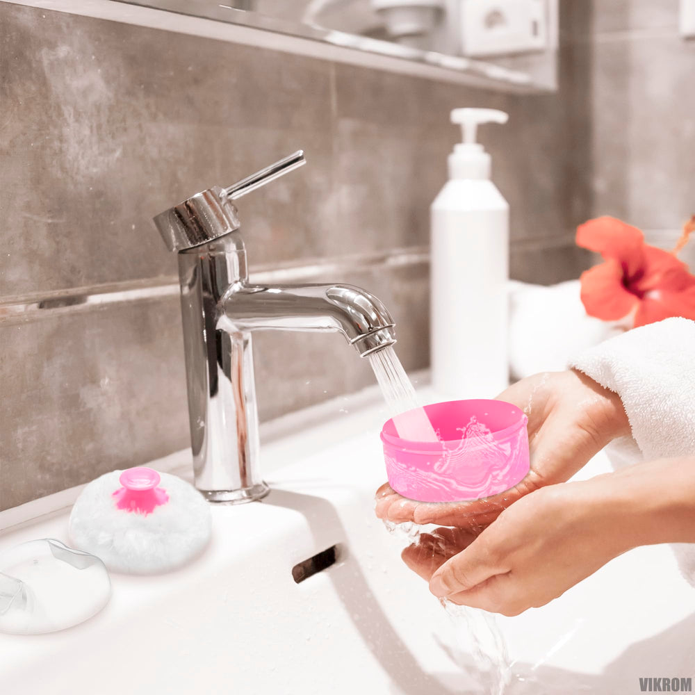 VIKROM pink-blue set stored neatly enhances vanity decor and travel readiness.