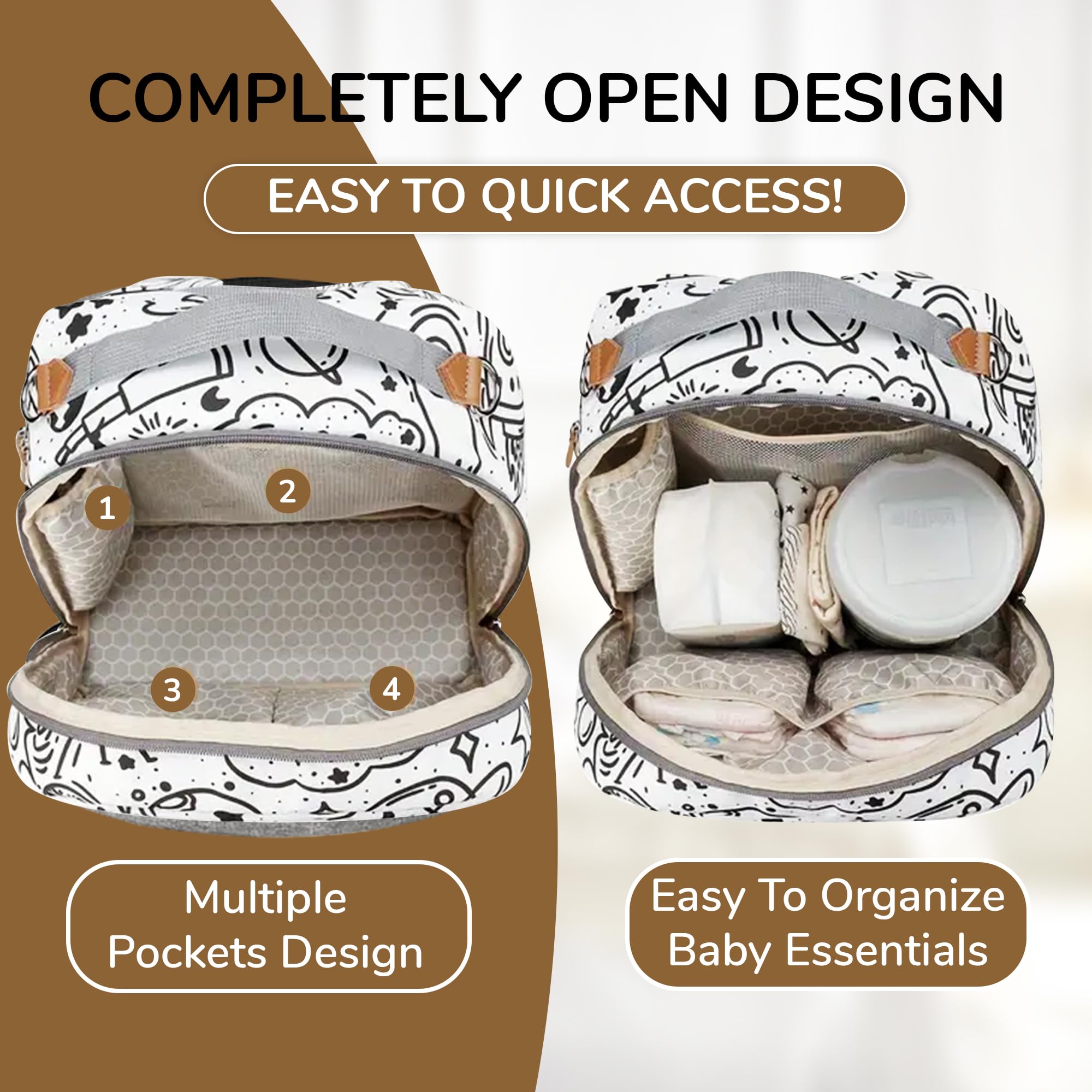 Spacious capacity ideal for diapers, clothes, snacks, toys