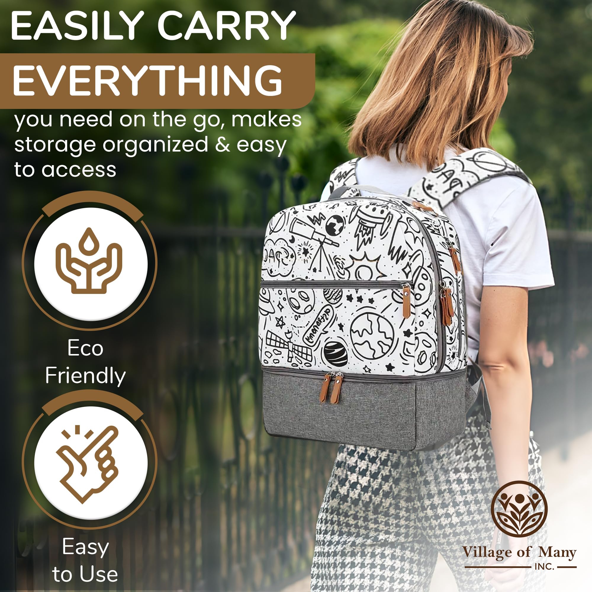 Village of Many Diaper Bag with stroller straps for secure, hands-free travel