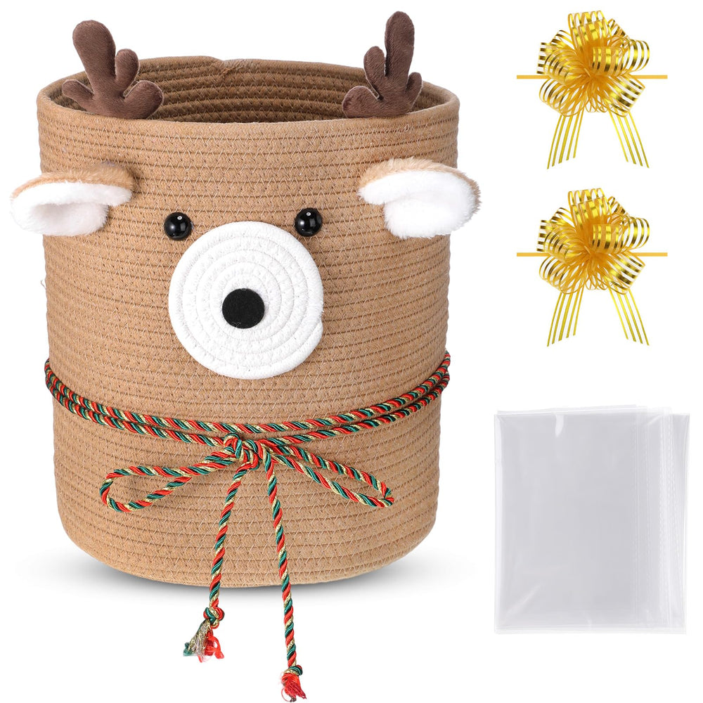Vincreem Christmas Deer Basket front view showcases sturdy cotton rope storage for nursery organization.