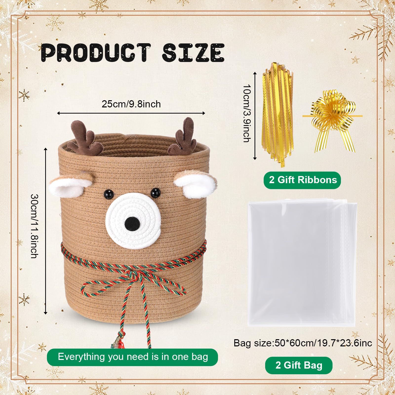 Vincreem Christmas Deer Basket side view with handles shows easy portability for everyday use.