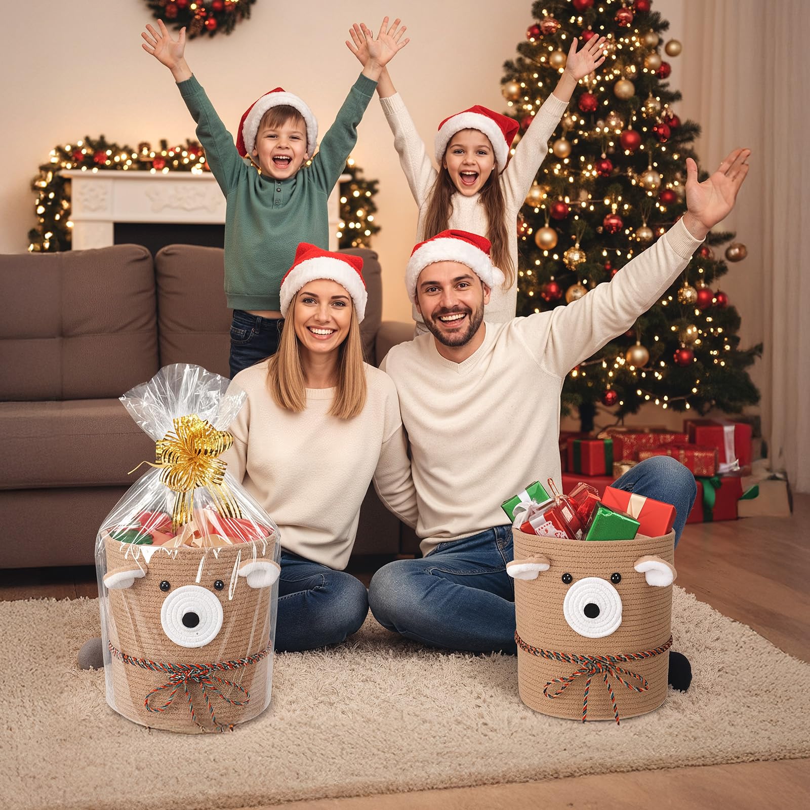 Vincreem Christmas Deer Basket woven cotton rope highlights eco-friendly design and lightweight portability.