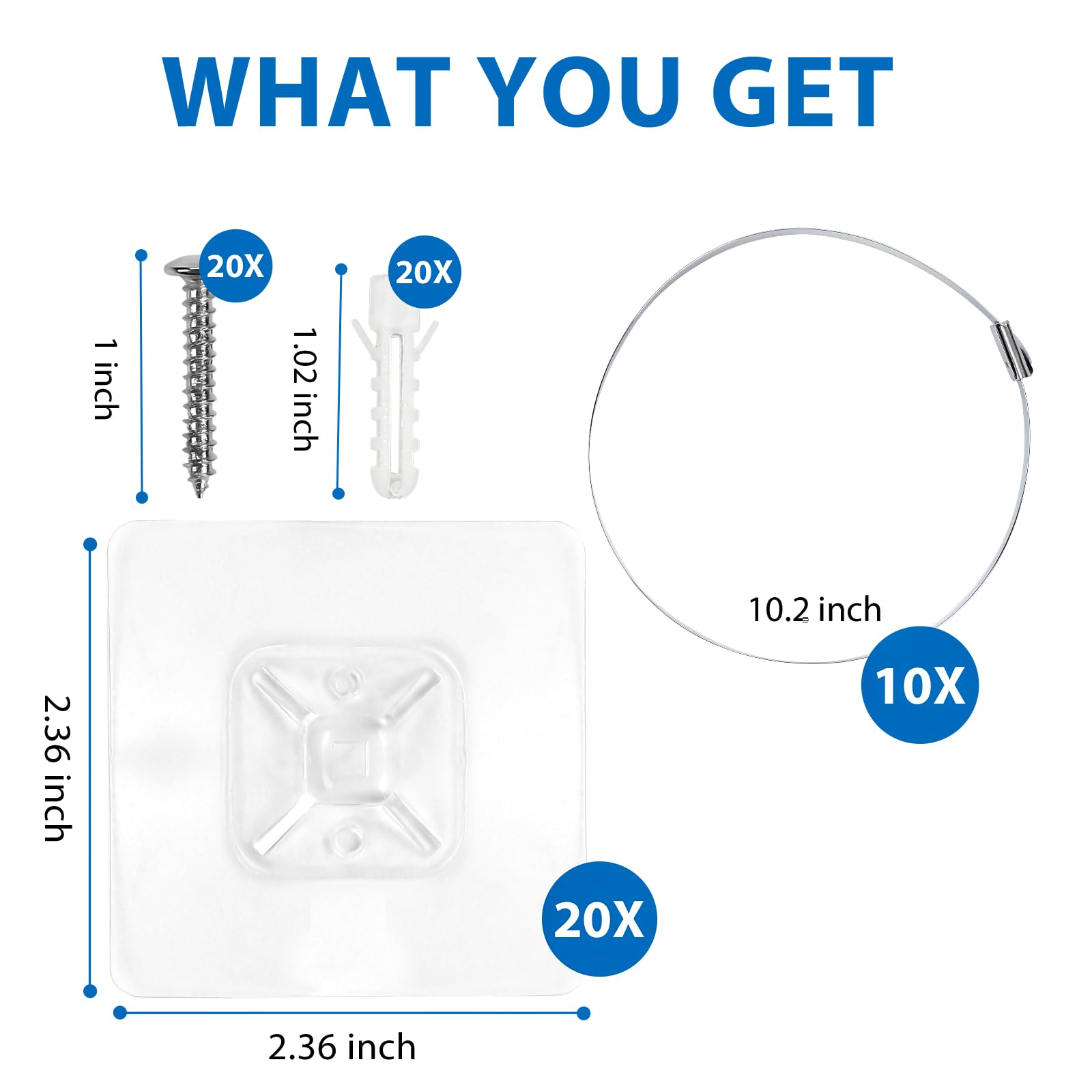 Vinkqiado package-includes-contents outlines 10 adhesive pads and 10 metal ties