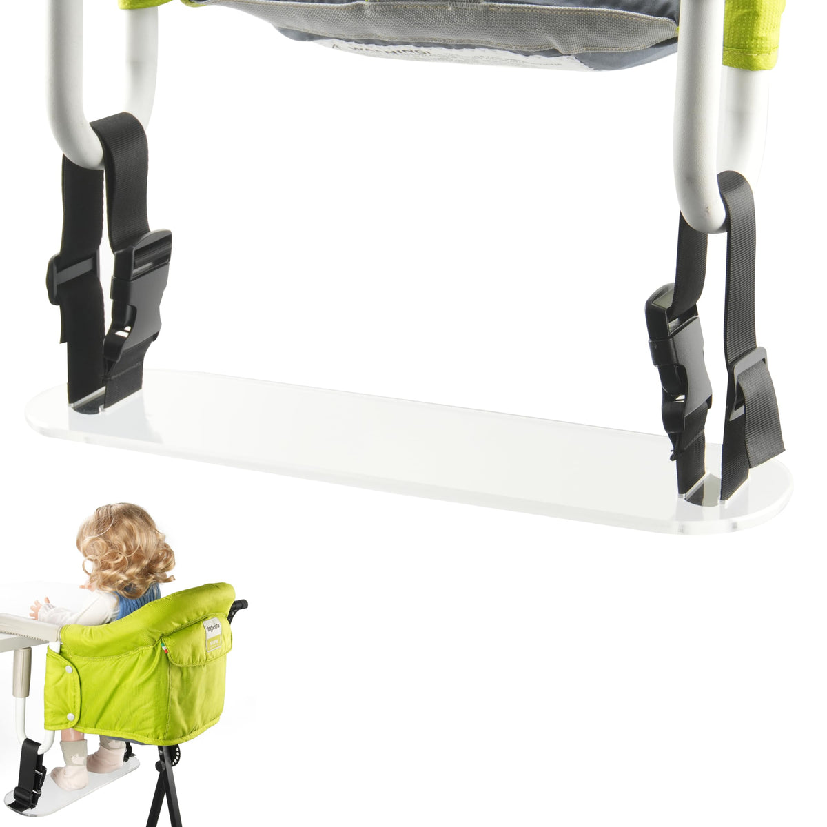 Viotiin acrylic baby footrest clip-on side view for easy attachment during meals.