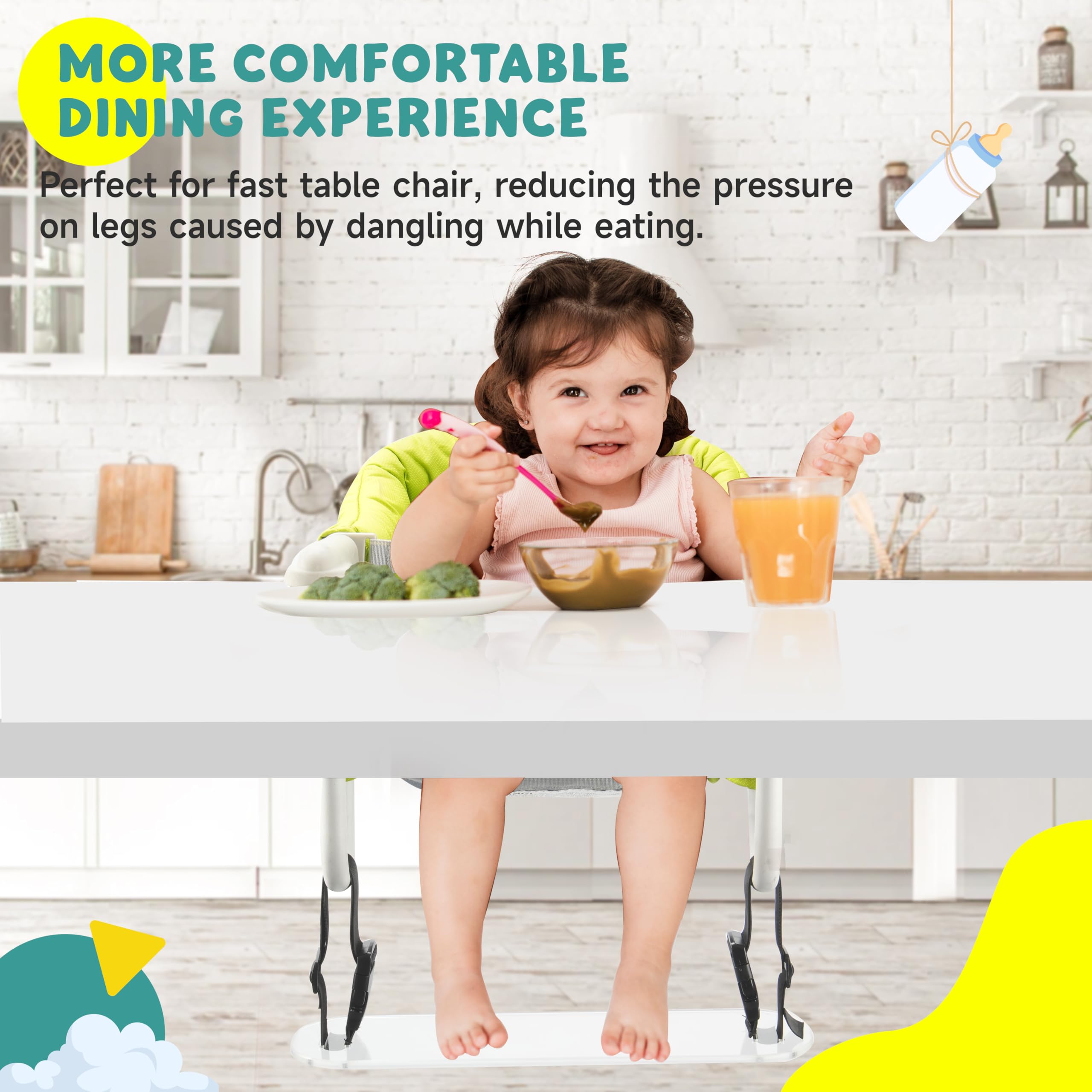 Viotiin acrylic baby footrest ergonomic angle promotes proper posture at mealtimes.