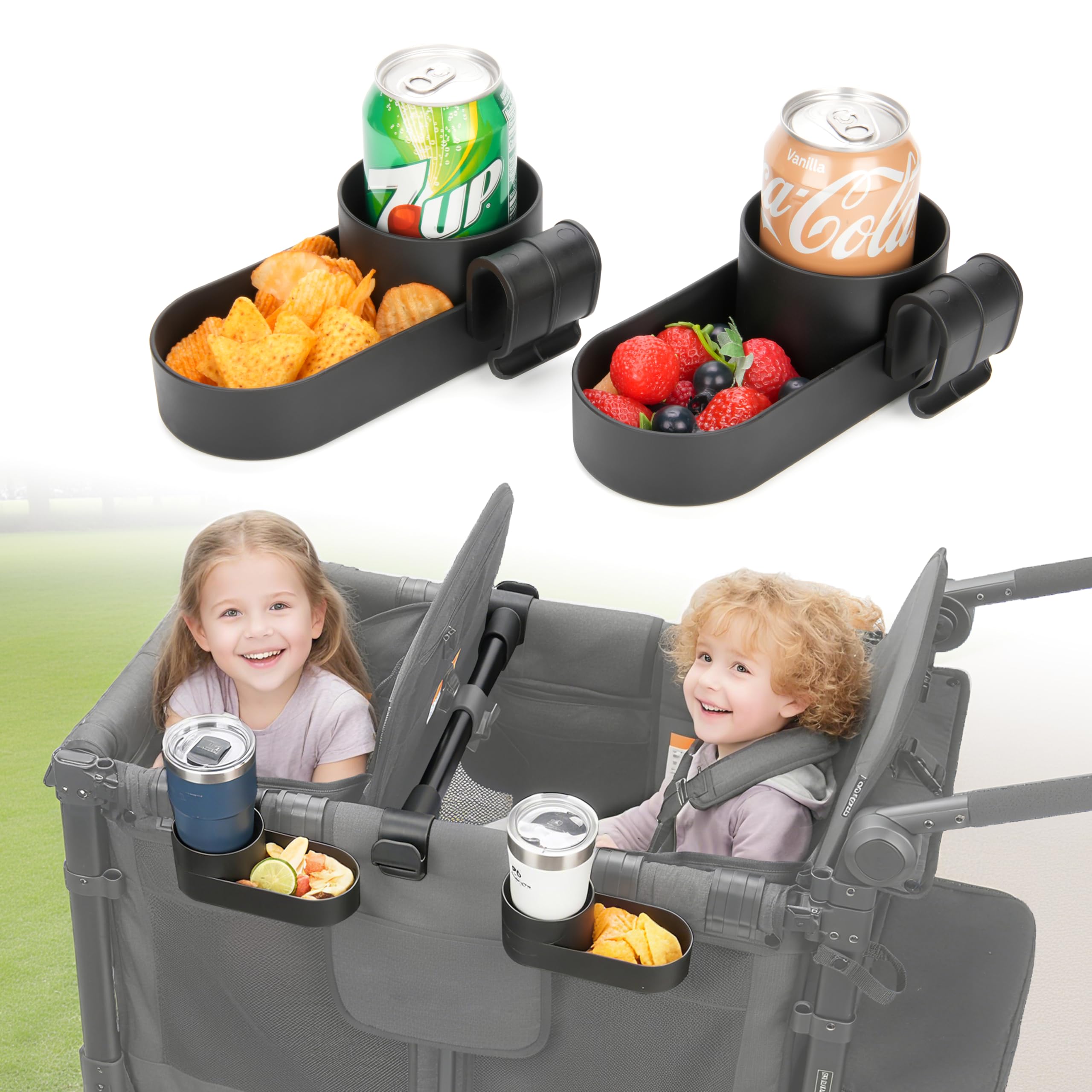 Viotiin snack tray clipped to Wonderfold W2 for secure, mess-free outings